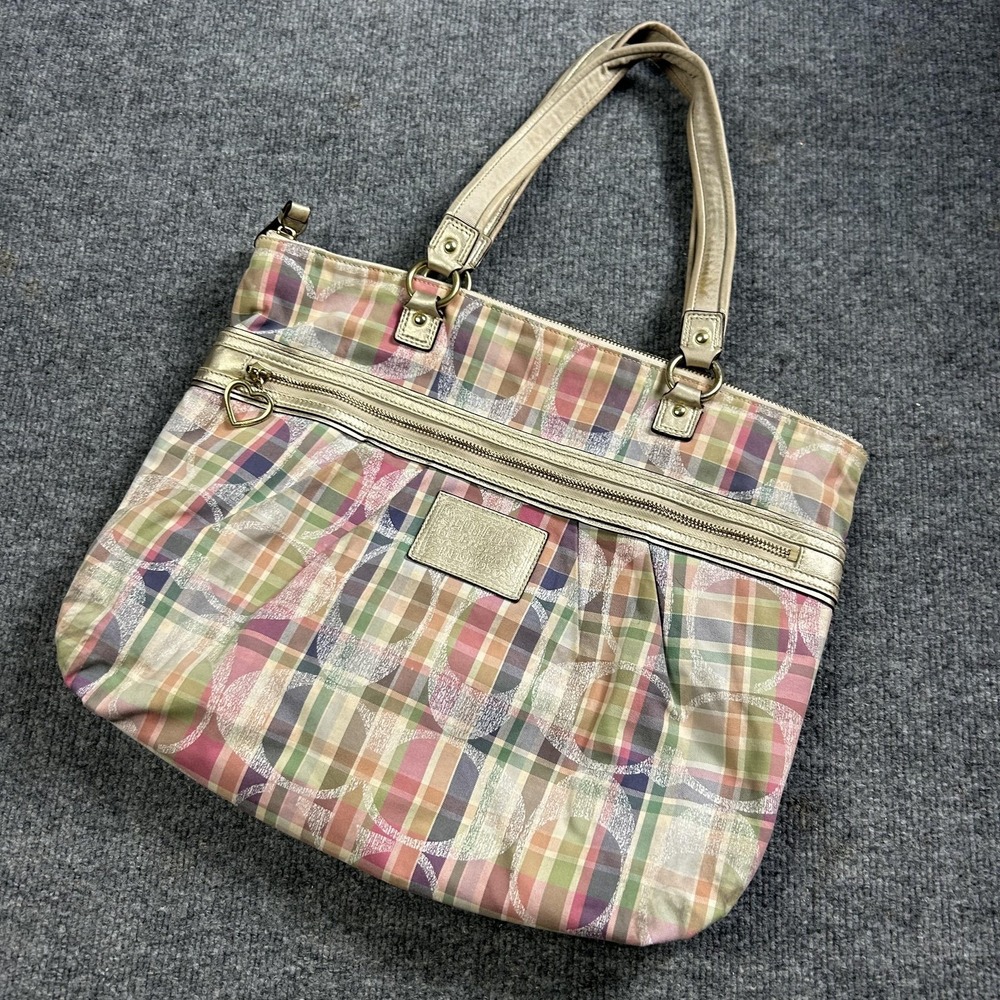 Coach Tote Bag Womens Large Multicolor Plaid Nylon Leather Shoulder Zip Purse